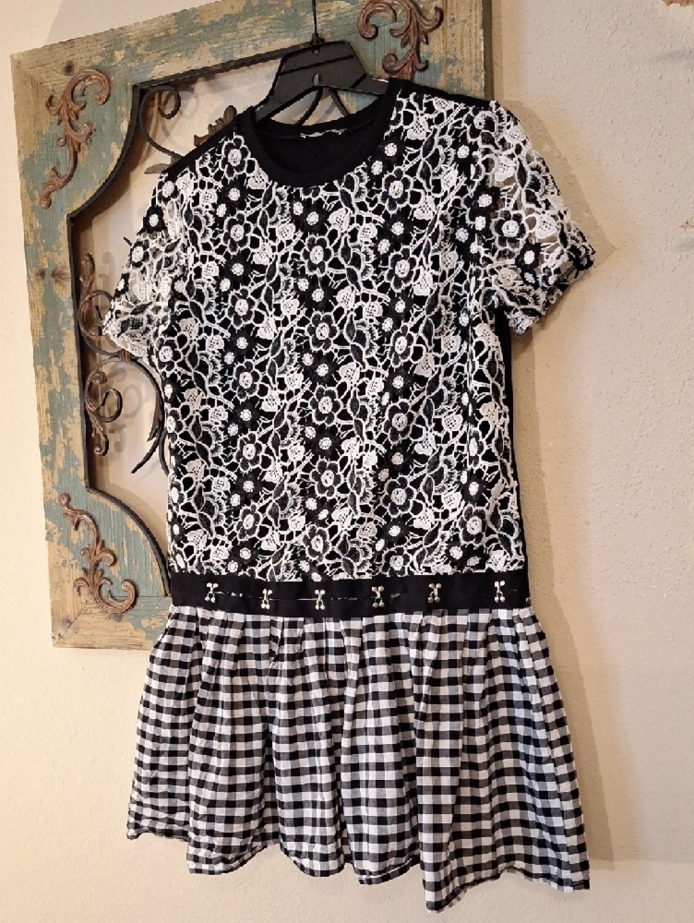 Zara Black & White Lace Mix Gingham Pleated Mini Dress. NWOT Size Small - Picture 8 of 12